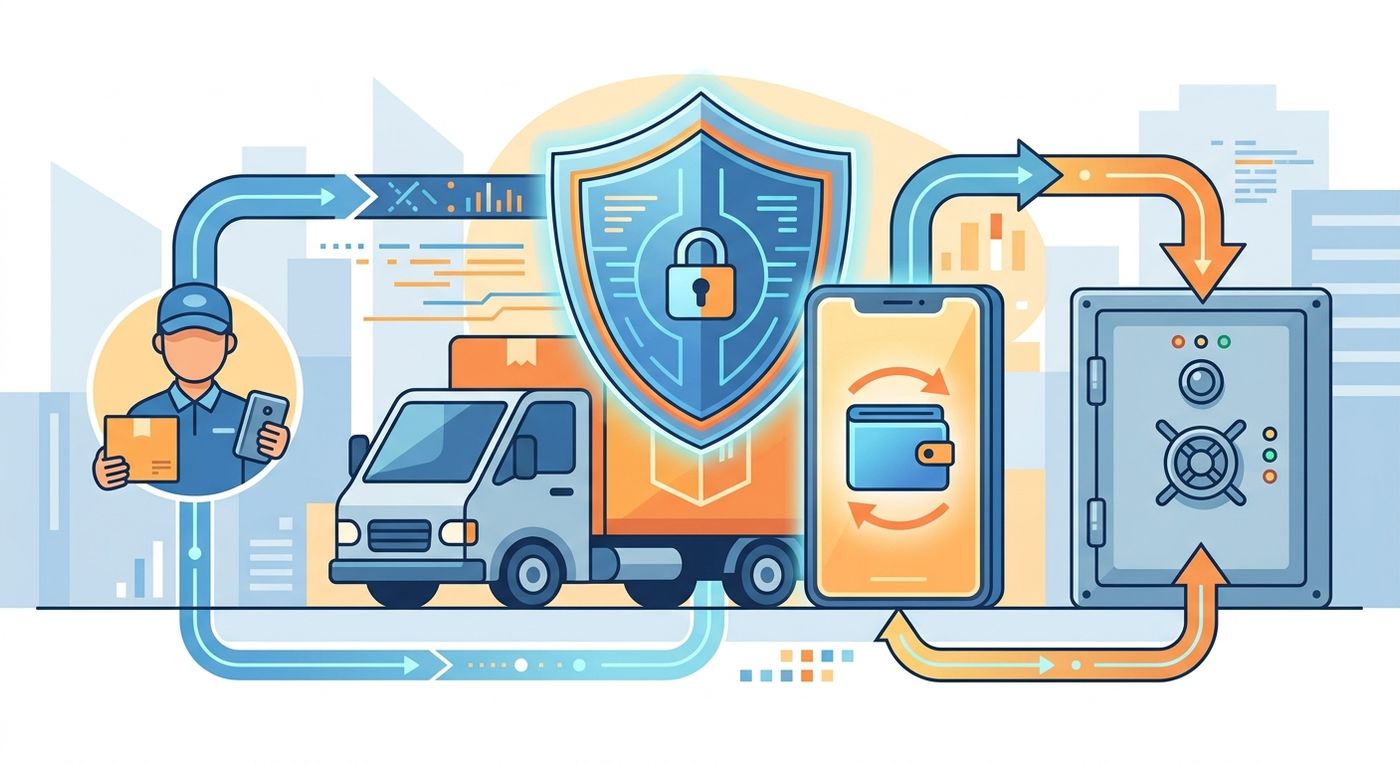 A flat editorial illustration representing secure COD reconciliation and cash flow protection in logistics.