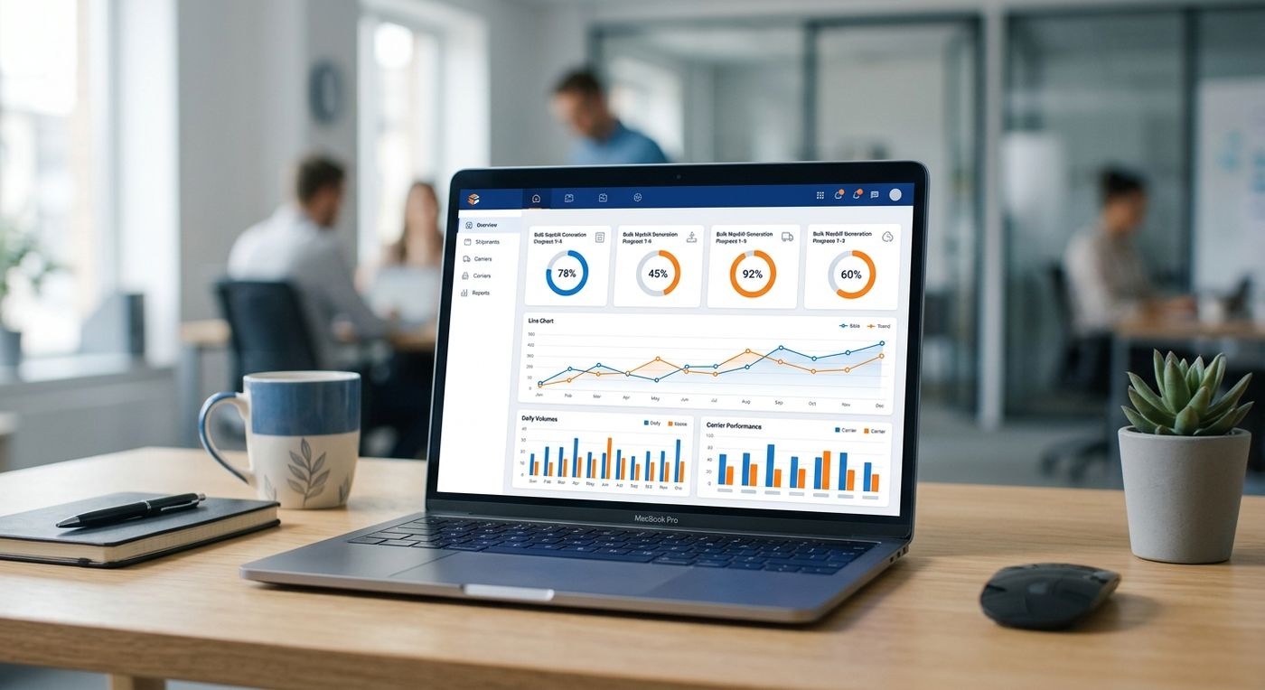 A modern laptop displaying a white-label shipping ERP dashboard with logistics analytics.