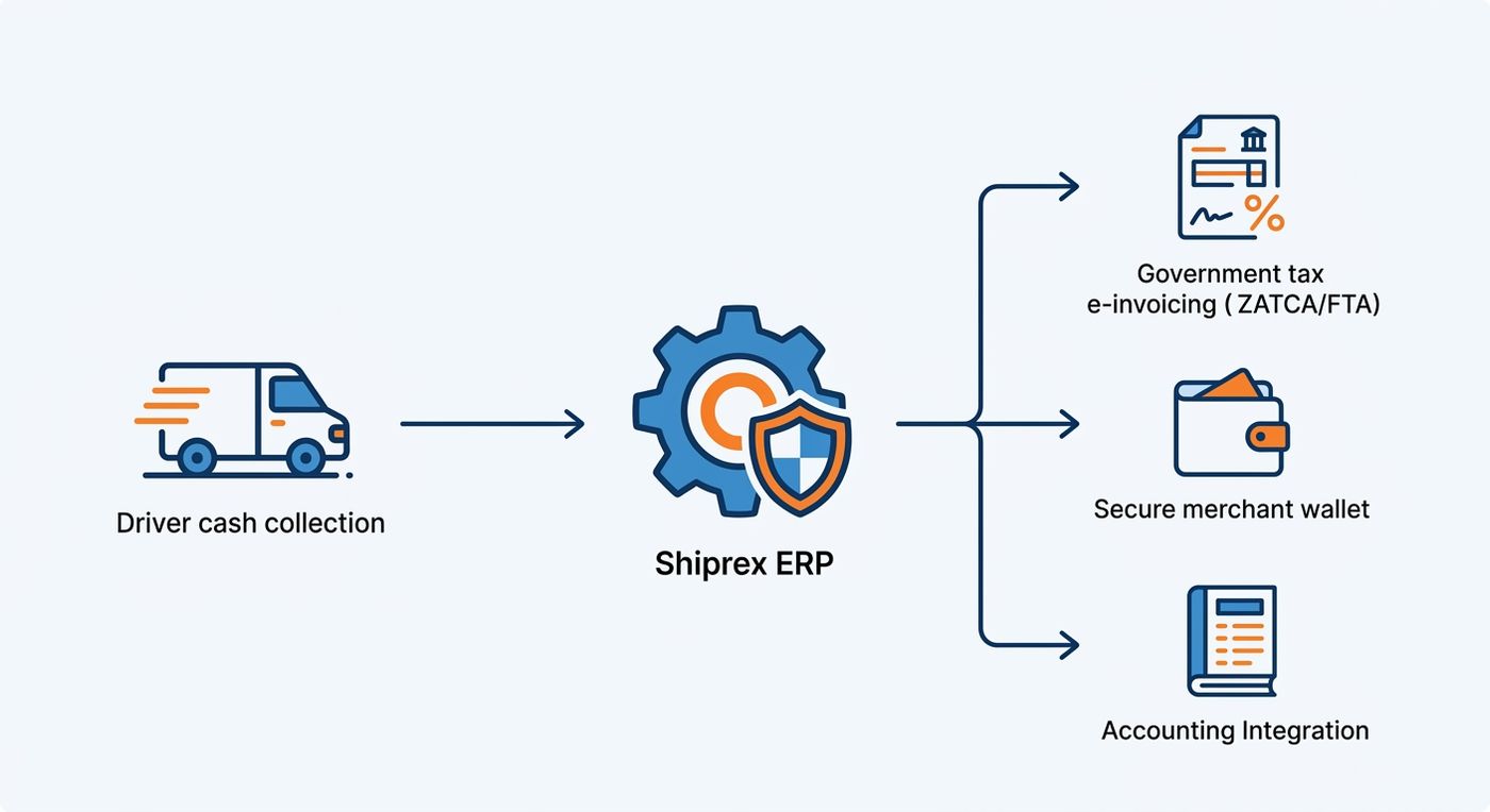 Technical diagram showing the automated workflow of driver cash collection syncing with tax compliance systems and merchant wallets in Shiprex ERP.