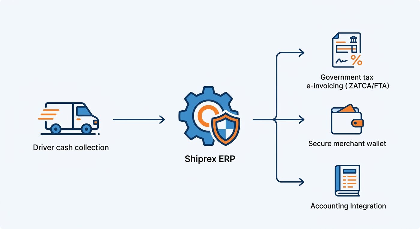 Technical diagram showing the automated workflow of driver cash collection syncing with tax compliance systems and merchant wallets in Shiprex ERP.