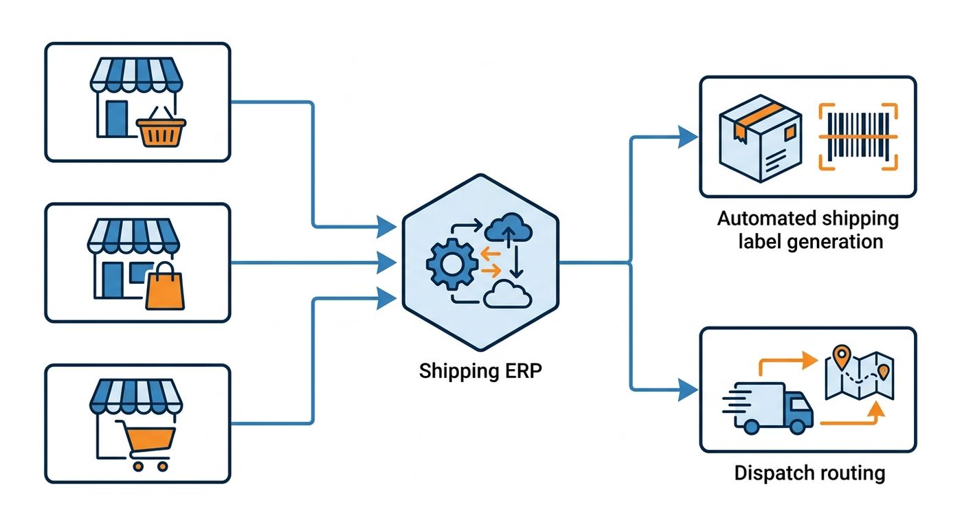 Technical flowchart showing e-commerce store integration with a shipping ERP for automated waybill generation and dispatch routing.
