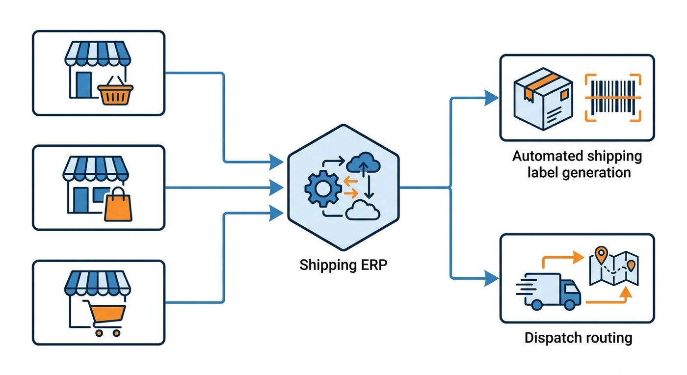 Technical flowchart showing e-commerce store integration with a shipping ERP for automated waybill generation and dispatch routing.