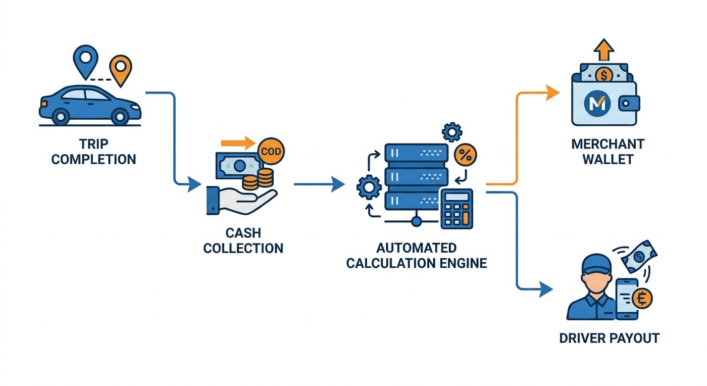 Diagram illustrating the automated driver commission and COD reconciliation workflow in Shiprex.