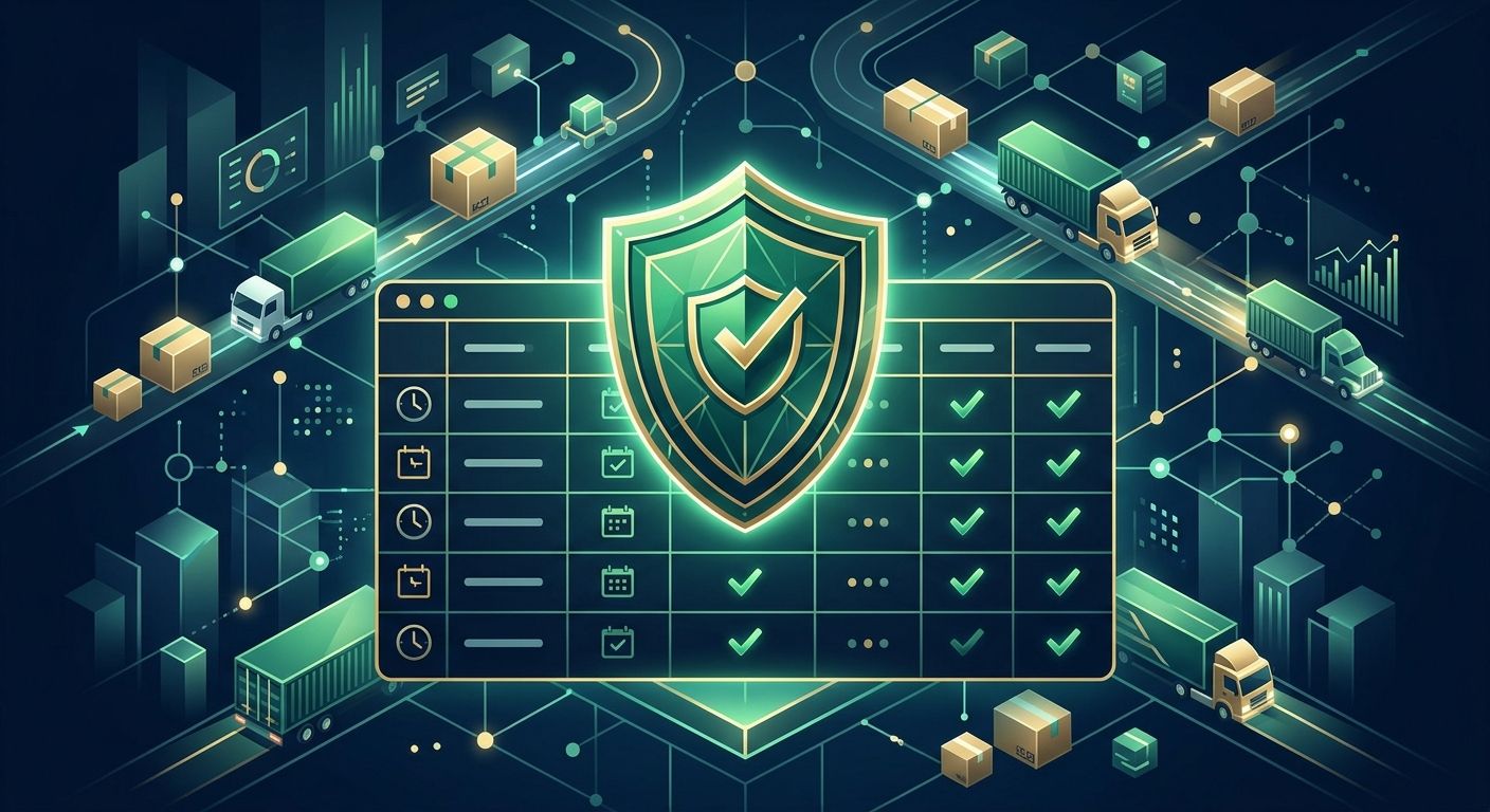 A secure digital database ledger showing untamperable audit trails and timestamps for logistics transactions, represented by a glowing shield and clean data tables.