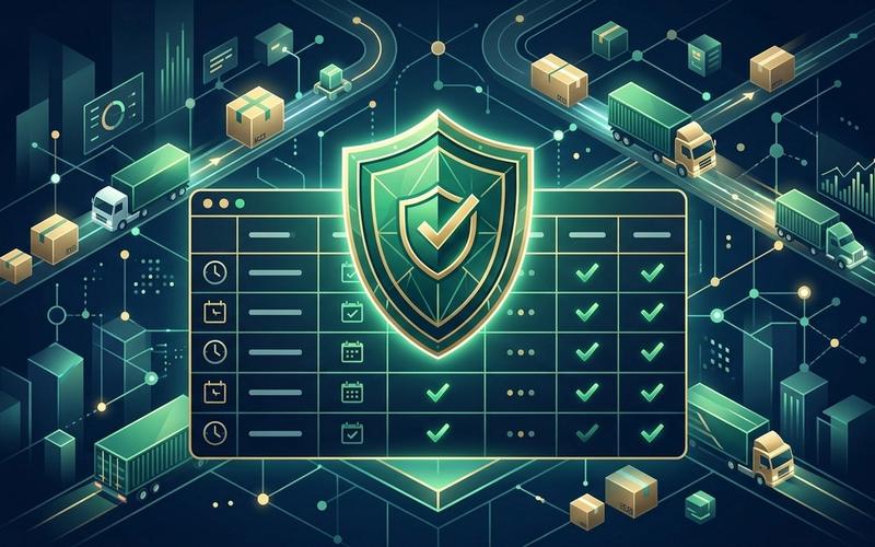 A secure digital database ledger showing untamperable audit trails and timestamps for logistics transactions, represented by a glowing shield and clean data tables.