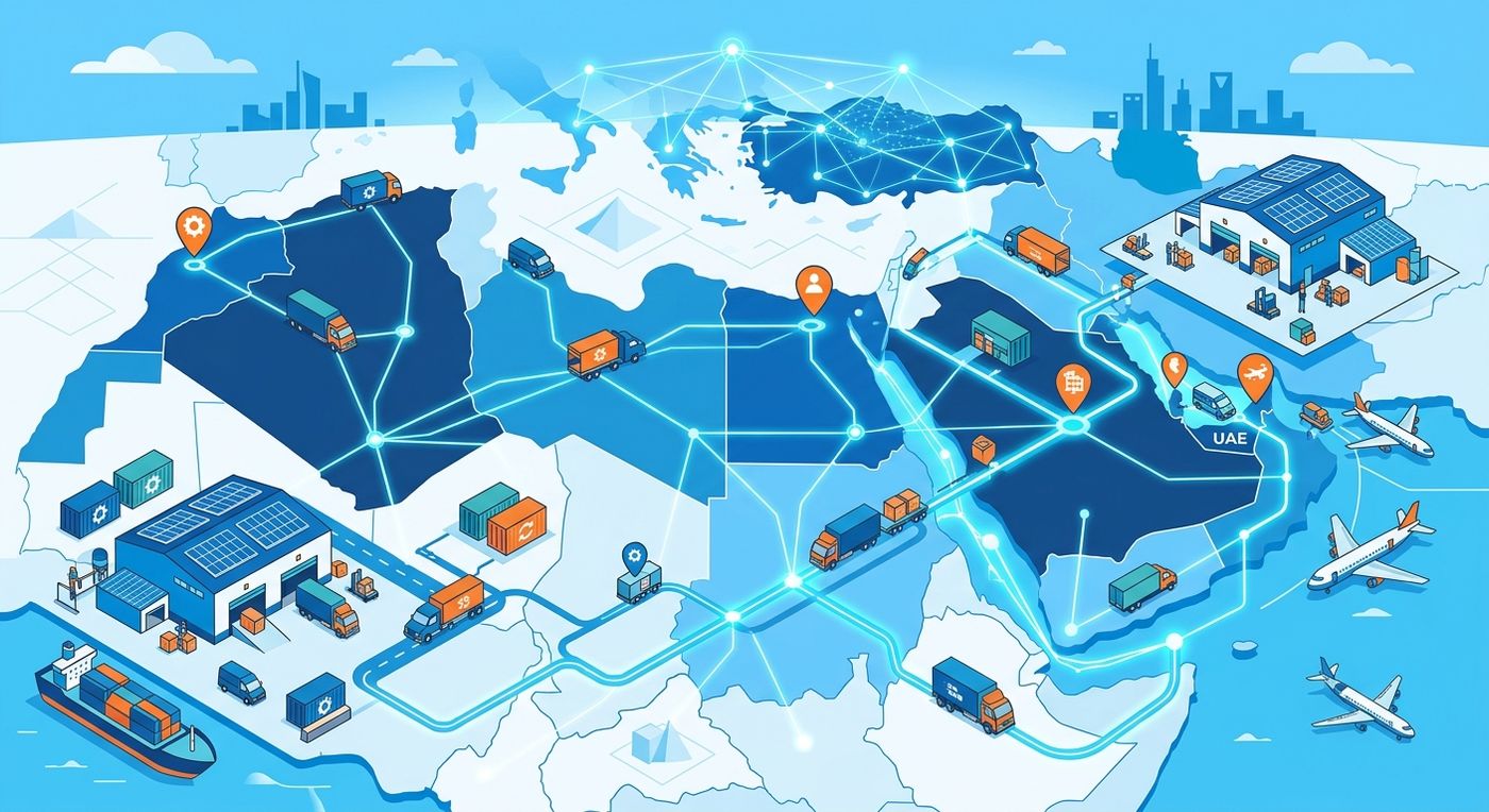 An editorial illustration of cross-border logistics and multi-branch shipping operations running smoothly on a unified platform.