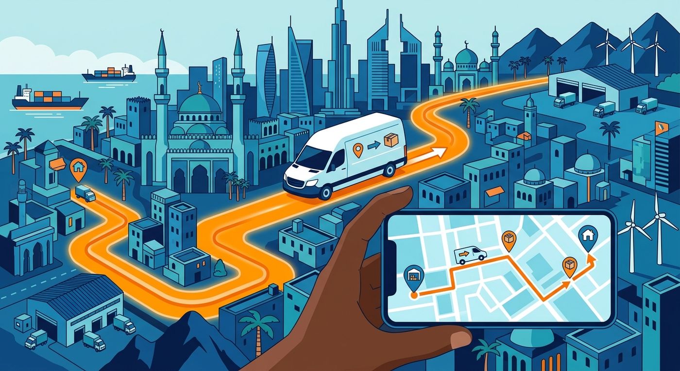 Flat vector illustration of a delivery courier navigating a MENA city with real-time GPS route optimization for last-mile cost reduction.