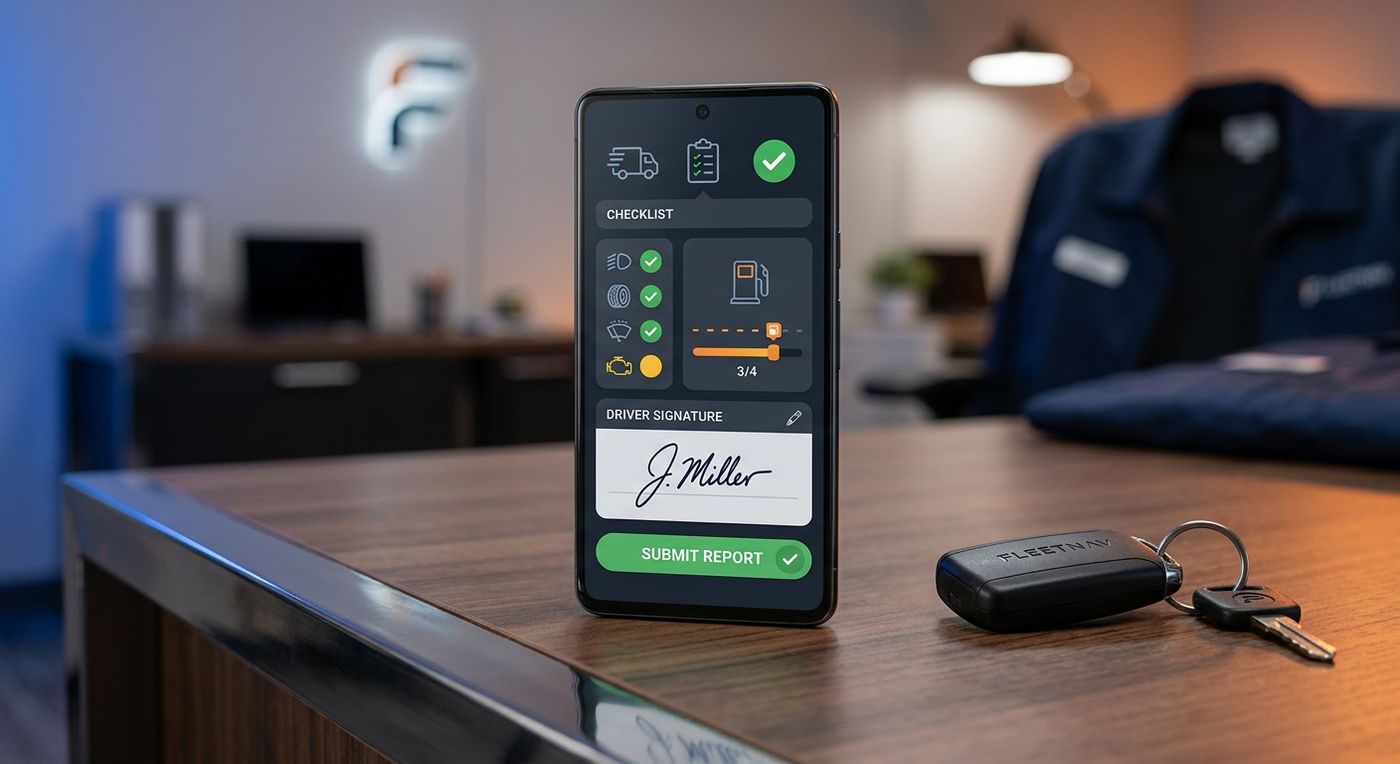 واجهة تطبيق هاتف ذكي أنيقة تعرض قائمة فحص المركبة الرقمية لسائقي الخدمات اللوجستية.