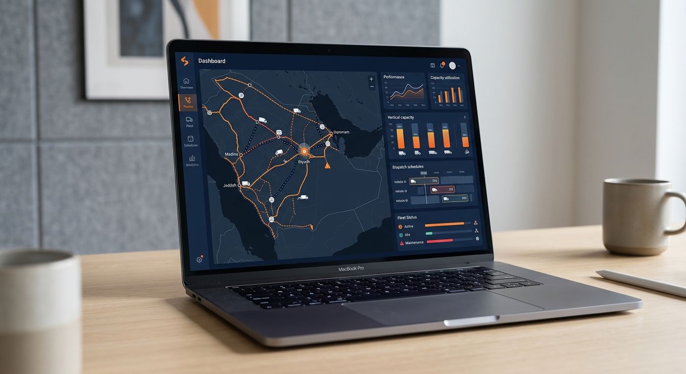 Shiprex ERP dashboard showing middle-mile route optimization and fleet scheduling across Saudi Arabia on a laptop screen.