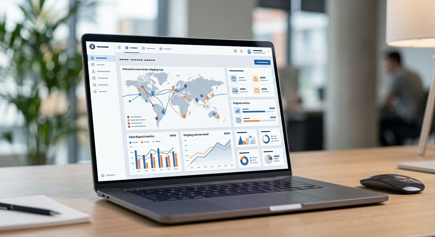 Sleek product showcase of the Shiprex logistics ERP dashboard on a laptop, displaying multi-tenant shipping operations, fleet dispatch metrics, and financial overviews.