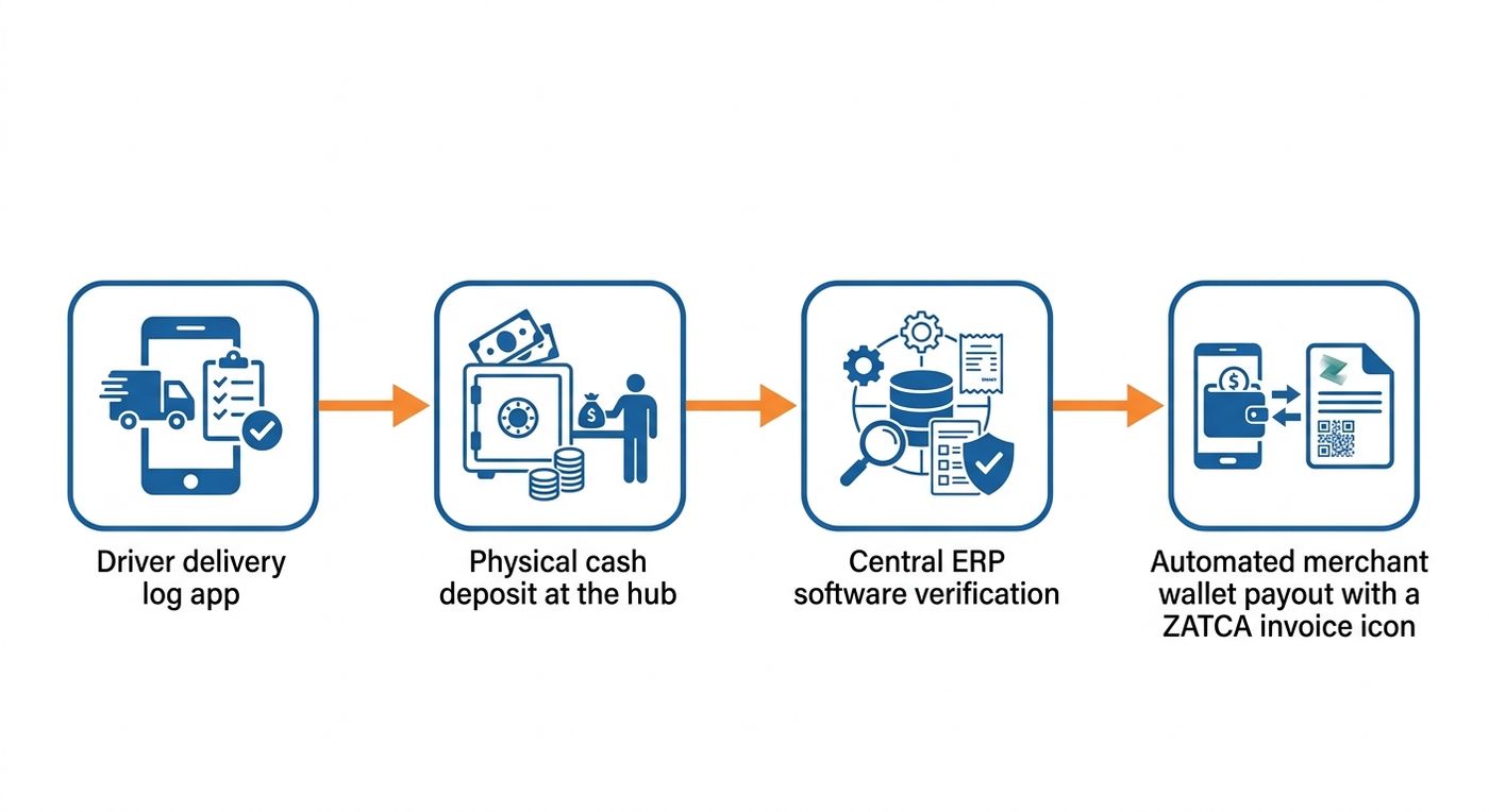 Flowchart diagram illustrating the automated COD reconciliation and merchant payout process in Shiprex ERP.