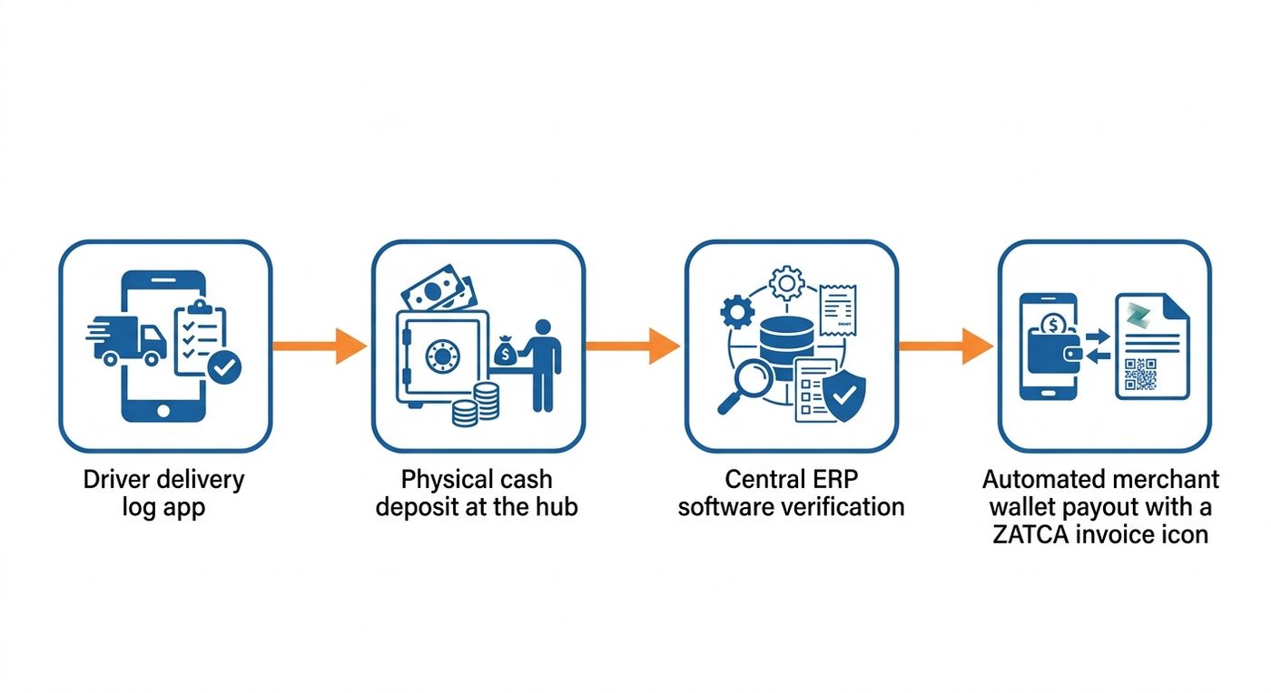 Flowchart diagram illustrating the automated COD reconciliation and merchant payout process in Shiprex ERP.