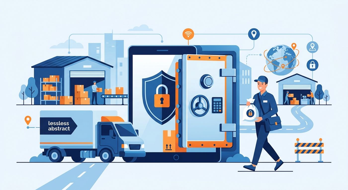A flat vector illustration representing cash leakage prevention in logistics, featuring a secure vault, a delivery truck, and a courier holding a sealed cash bag.