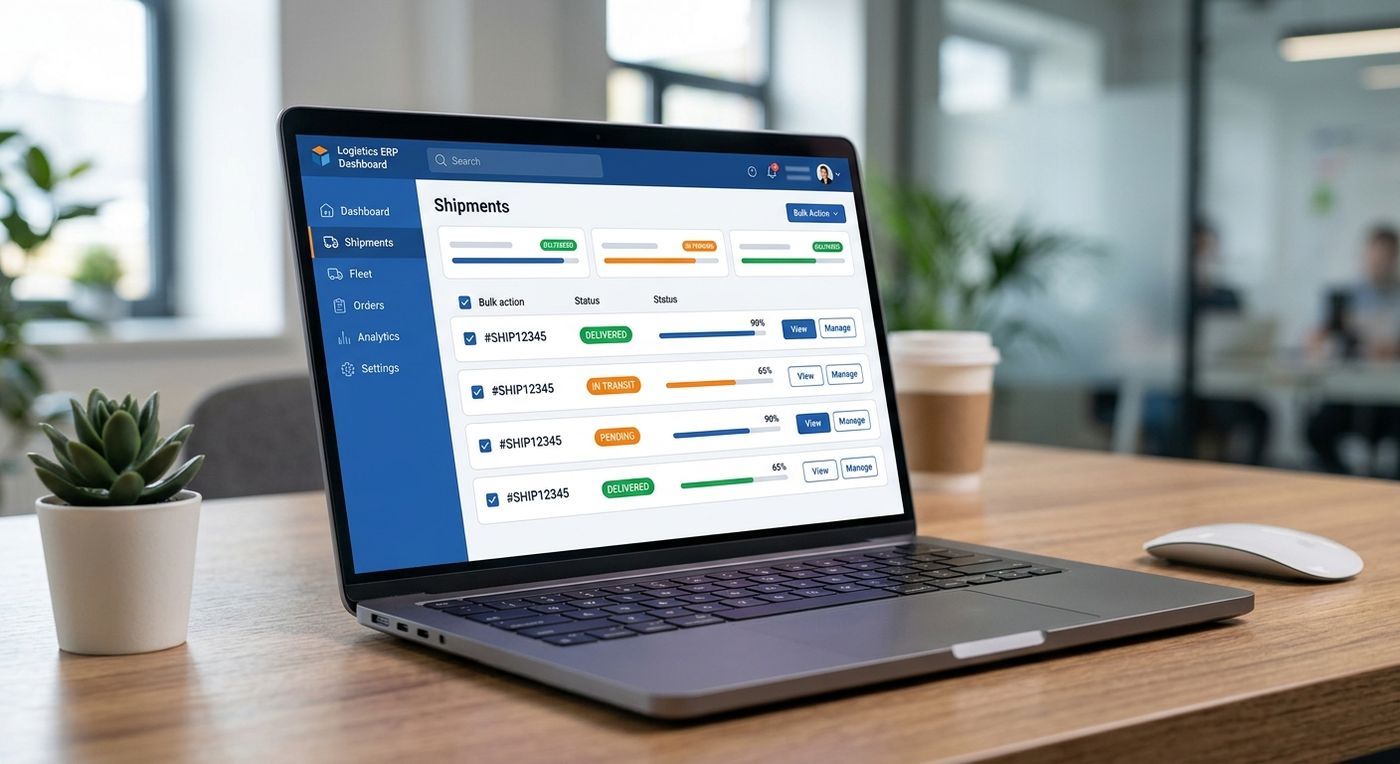 واجهة لوحة معلومات برمجية حديثة على جهاز كمبيوتر محمول تعرض نظام إدارة الخدمات اللوجستية والتخليص الجمركي.