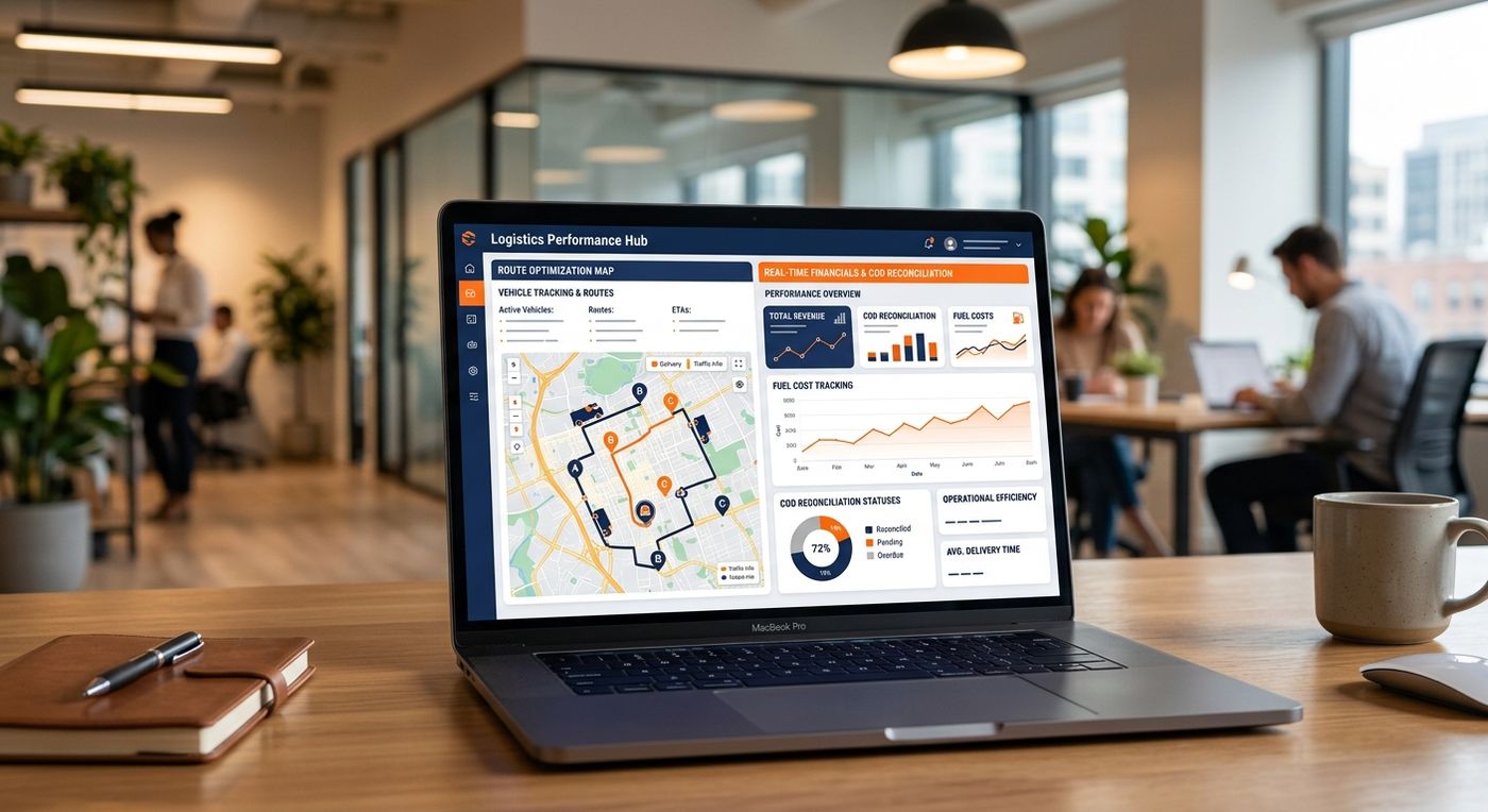A product showcase of the Shiprex SaaS dashboard displaying integrated last mile route optimization and financial ledger tracking on a laptop.