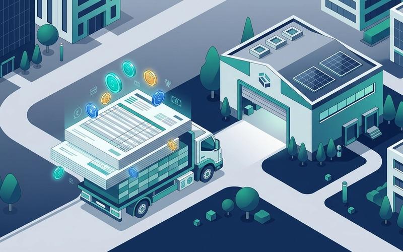 Isometric illustration of reverse logistics accounting and automated ledger balancing