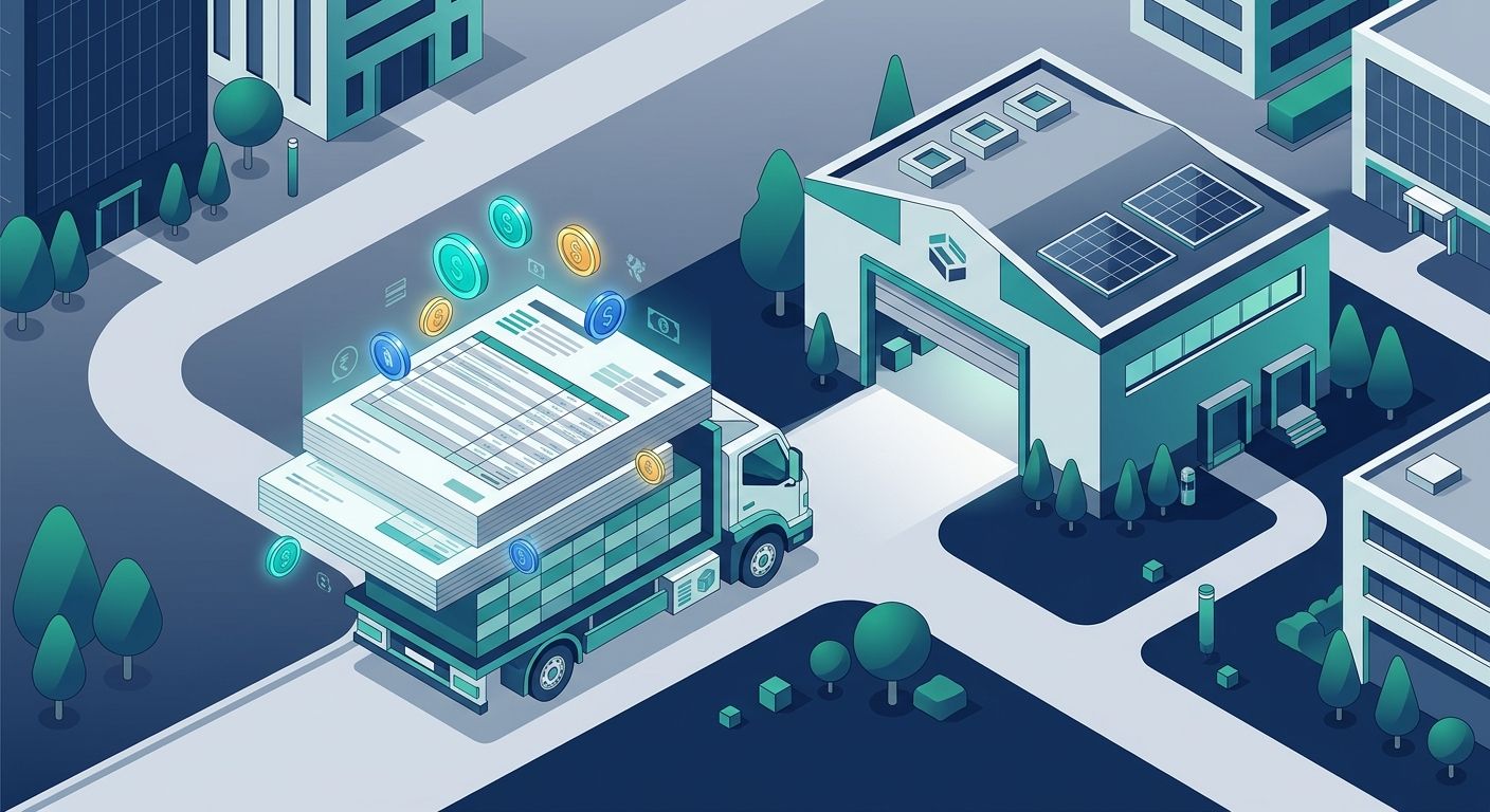 Isometric illustration of reverse logistics accounting and automated ledger balancing