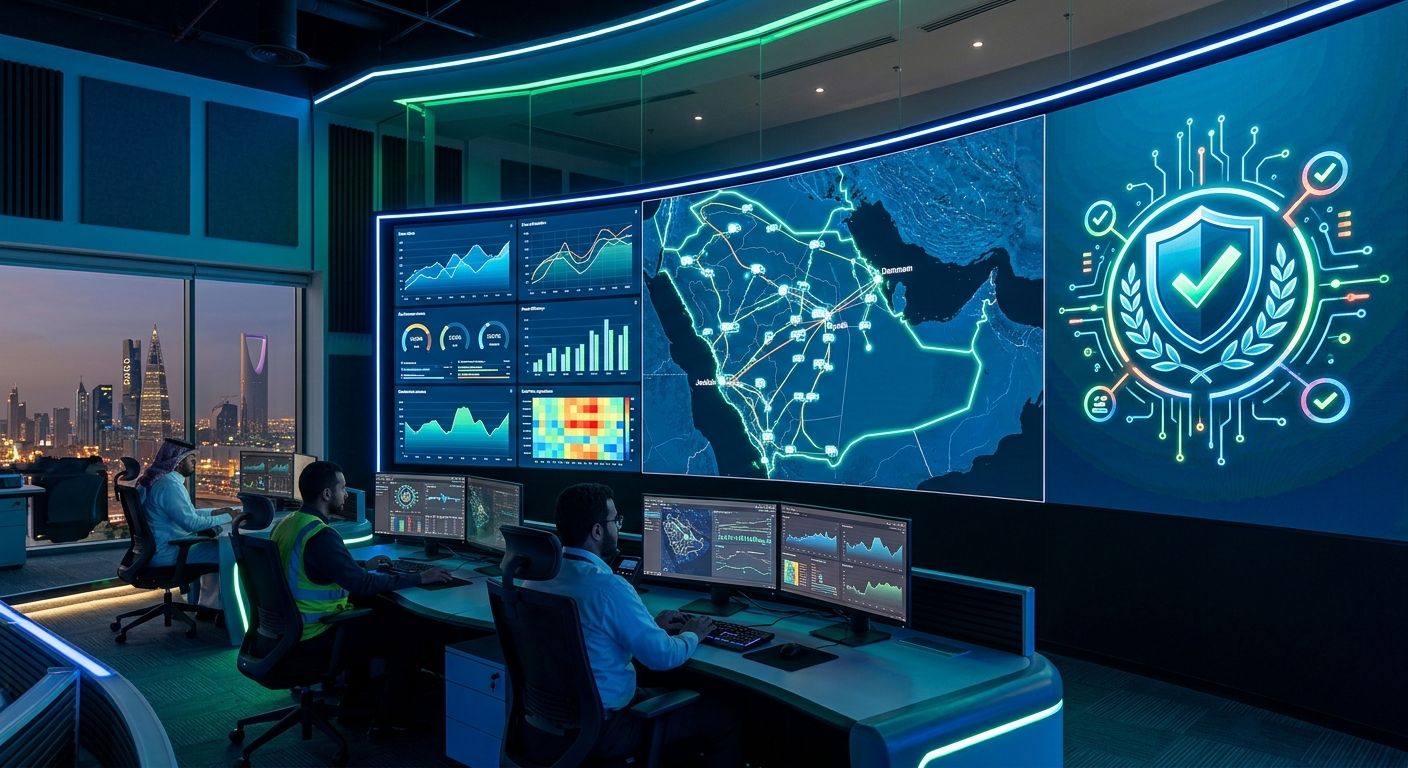 Saudi logistics operations dashboard displaying ZATCA Phase 2 compliance metrics and last-mile delivery status.
