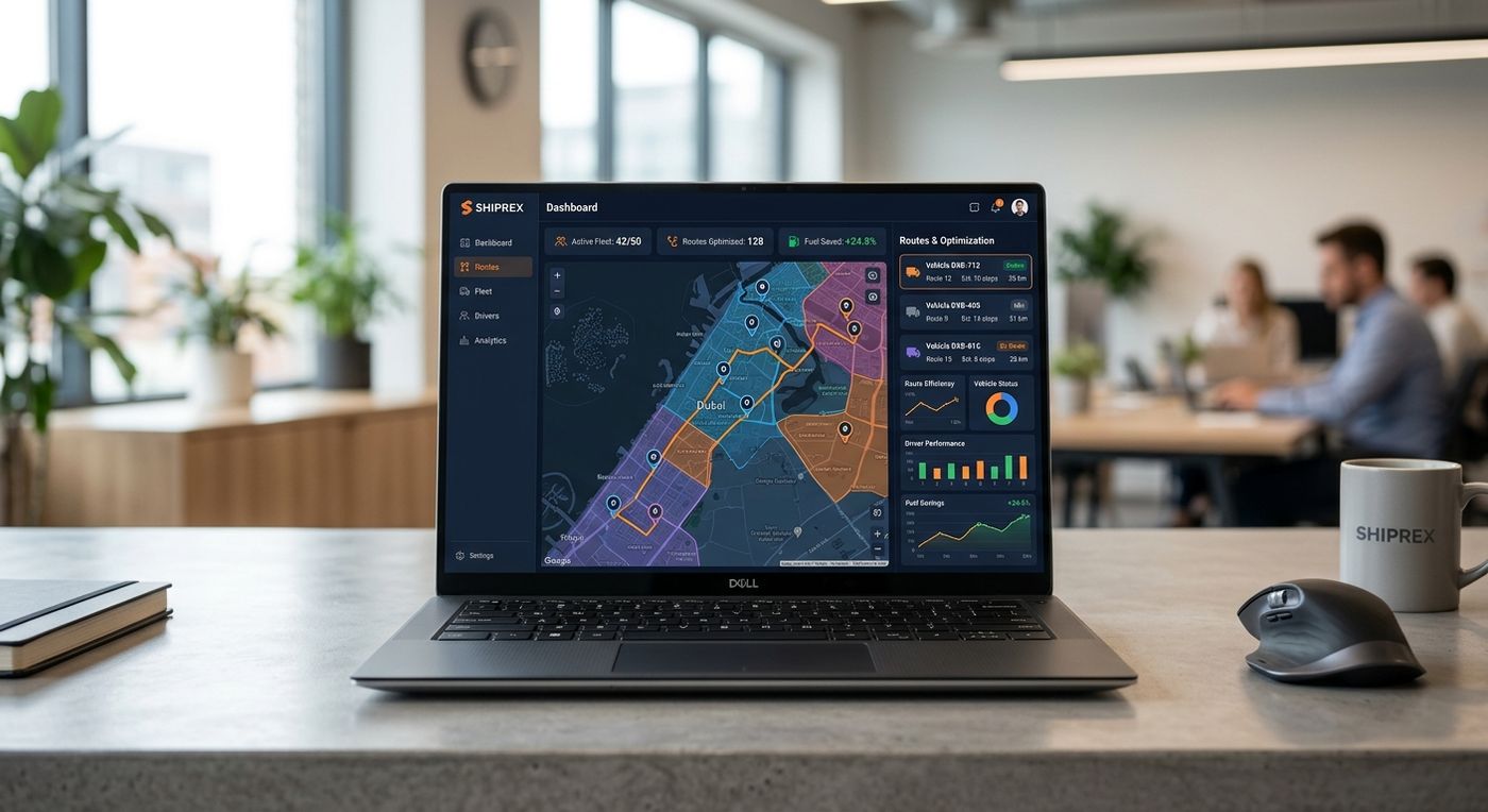 A product showcase of the Shiprex SaaS dashboard displaying dynamic route optimization and delivery zones on a map of Dubai.