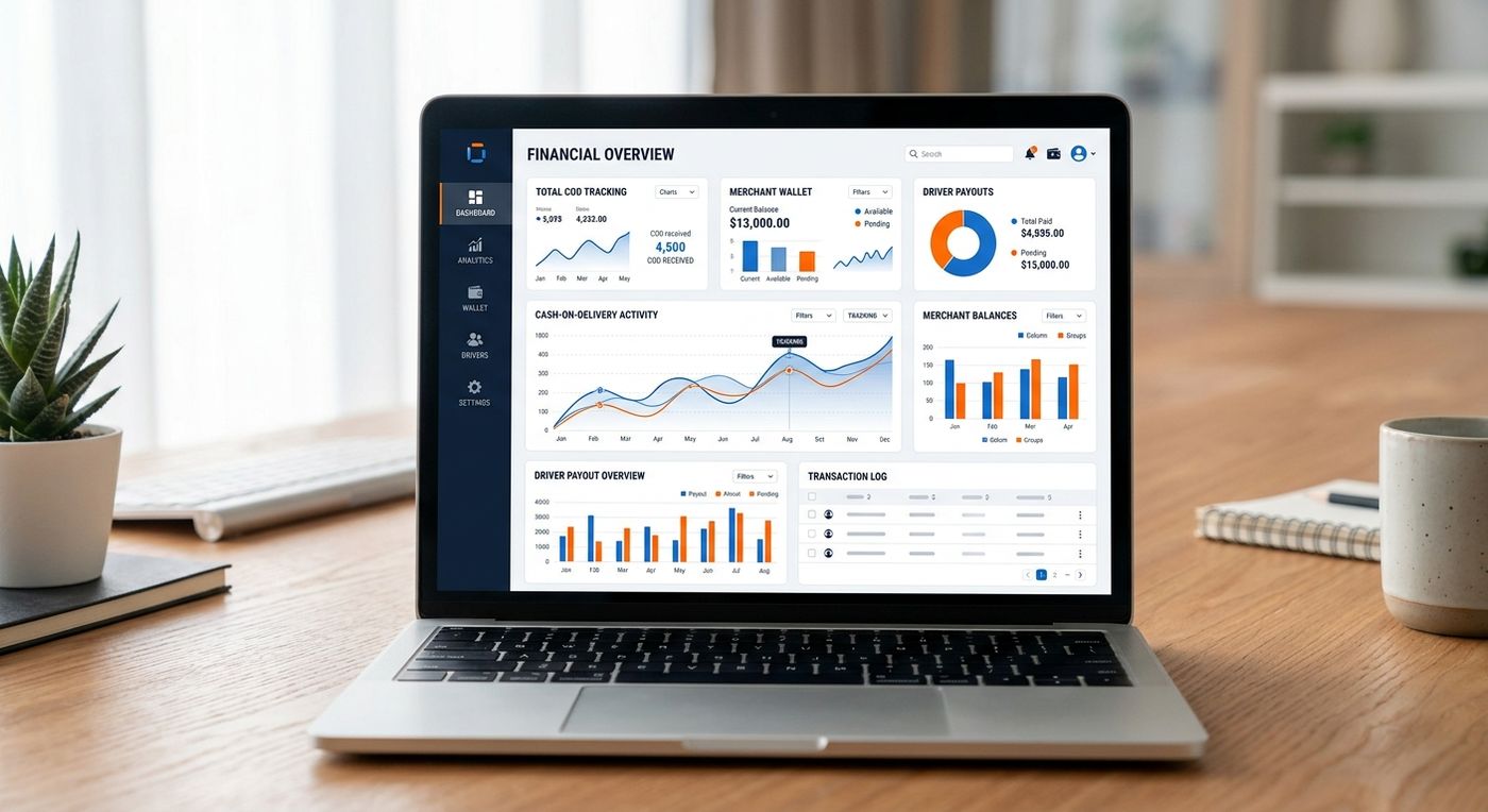 Shiprex SaaS dashboard mockup showing real-time merchant wallet tracking, COD reconciliation, and driver payout management.