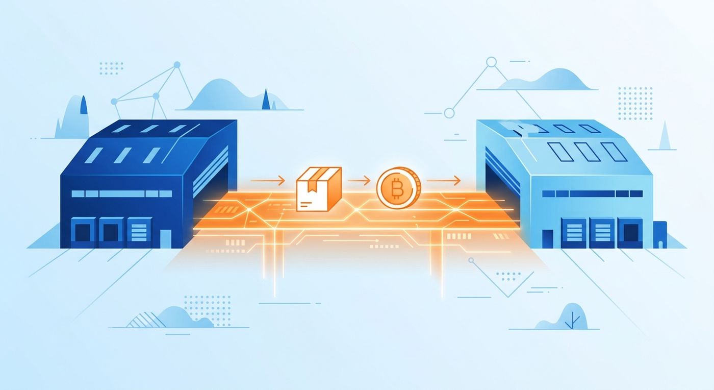 An editorial illustration of secure and automated financial connection between two logistics hubs, representing inter-branch treasury clearing.