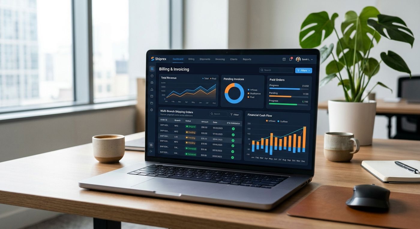 لوحة تحكم برنامج Shiprex لإدارة موارد المؤسسات معروضة على شاشة كمبيوتر محمول، وتظهر الفواتير الإلكترونية الجماعية المؤتمتة وحالة الامتثال الضريبي في الوقت الفعلي.