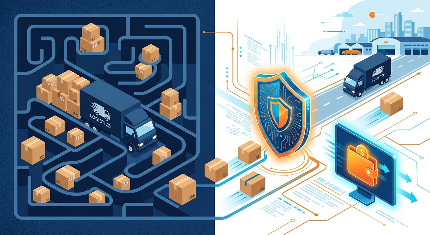 Flat illustration representing the transition from delayed COD cash flow to automated prepaid wallets in logistics.