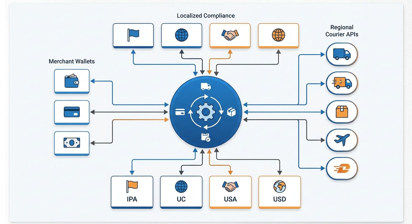 Technical diagram showing the modular plugin architecture of a customizable shipping ERP, connecting a central core to various regional and functional modules.