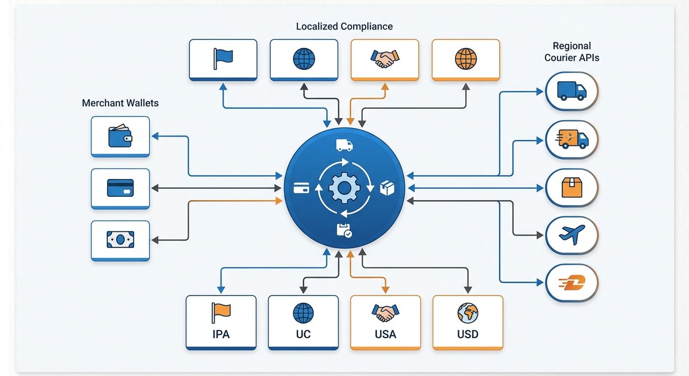 Technical diagram showing the modular plugin architecture of a customizable shipping ERP, connecting a central core to various regional and functional modules.