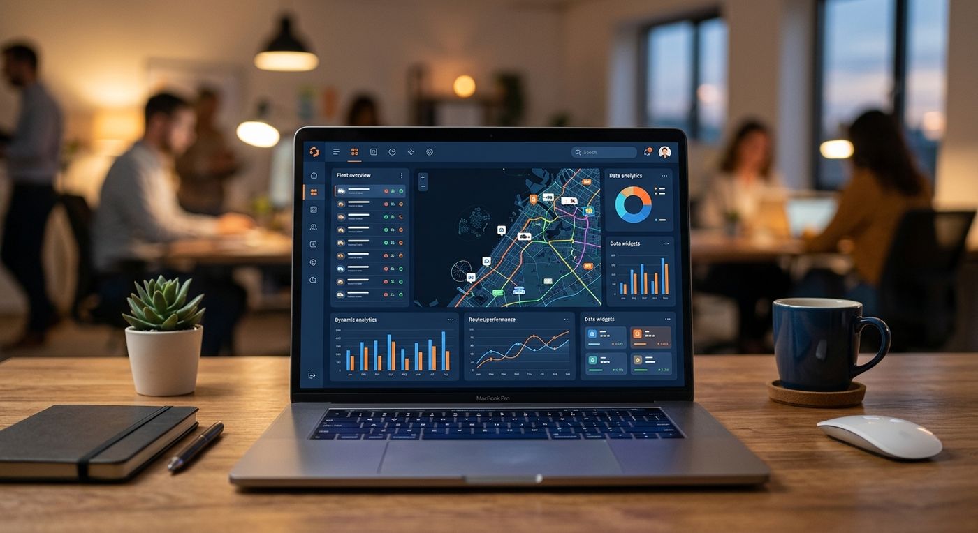 Shiprex last-mile logistics ERP dashboard displayed on a laptop screen, showing route optimization and fleet management maps with a blue and orange color scheme.