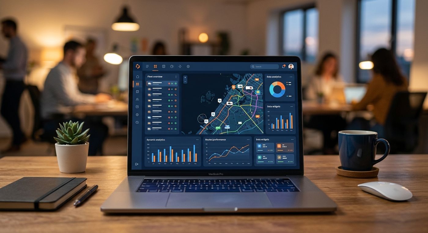 Shiprex last-mile logistics ERP dashboard displayed on a laptop screen, showing route optimization and fleet management maps with a blue and orange color scheme.