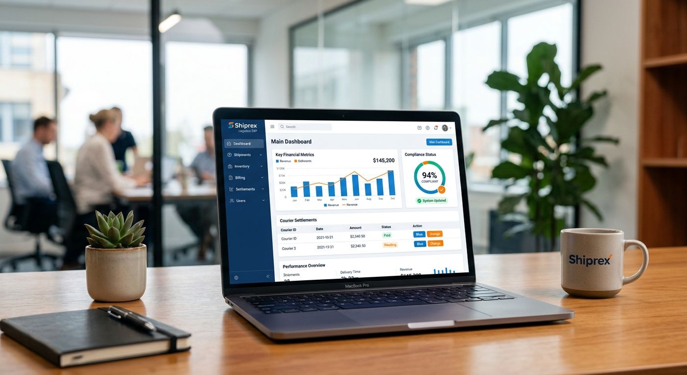 Shiprex SaaS dashboard on a laptop displaying localized courier cash settlement and financial audit features.