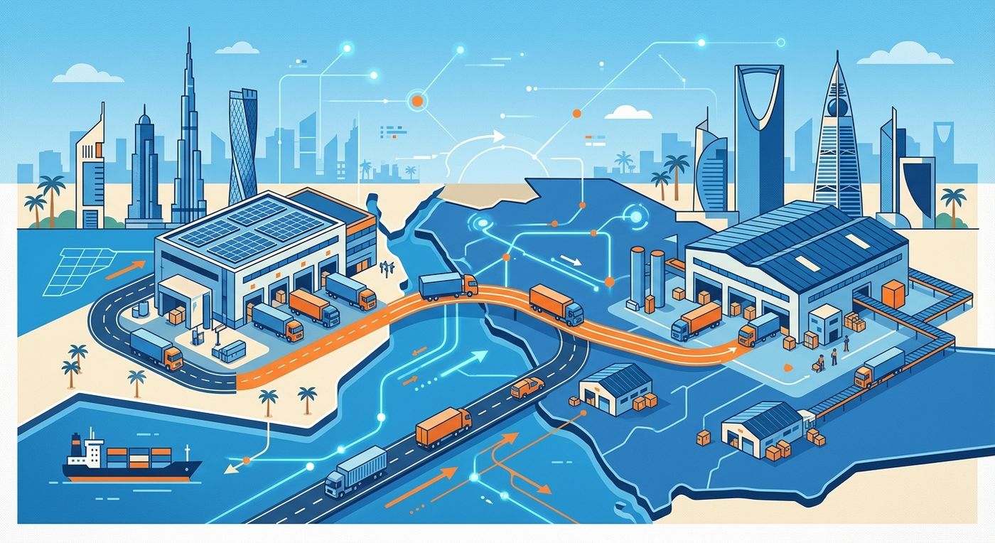 Flat vector illustration showing cross-border logistics and fleet expansion across the GCC region.