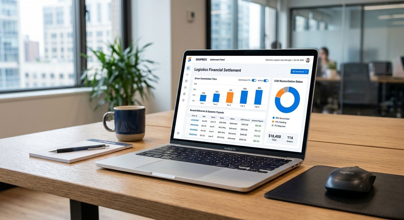 Laptop showing the Shiprex driver commission and financial settlement dashboard.
