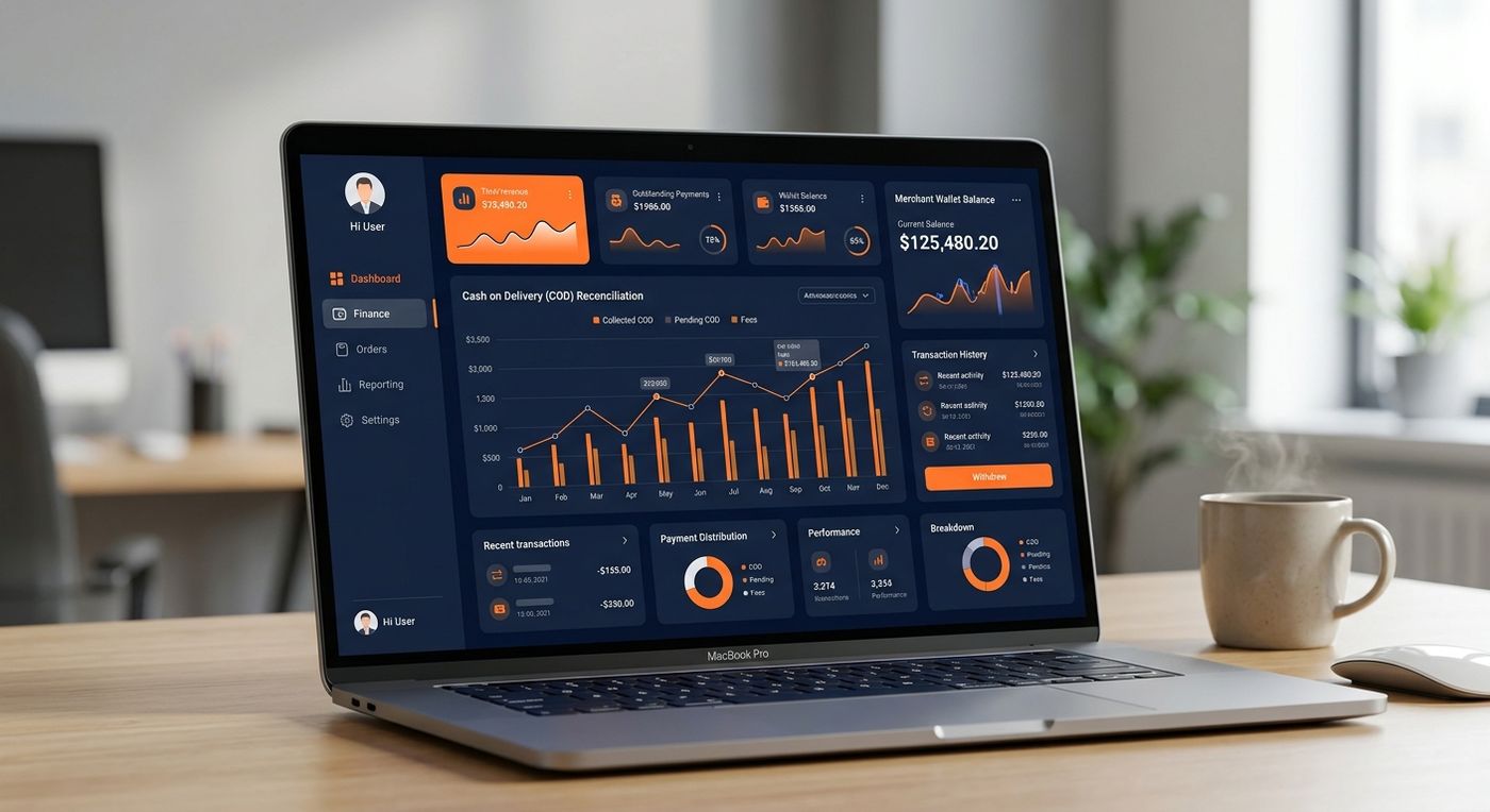 لوحة تحكم نظام Shiprex لإدارة الشحن على شاشة كمبيوتر محمول، تعرض التسوية التلقائية لخدمة الدفع عند الاستلام ومحفظة التجار.