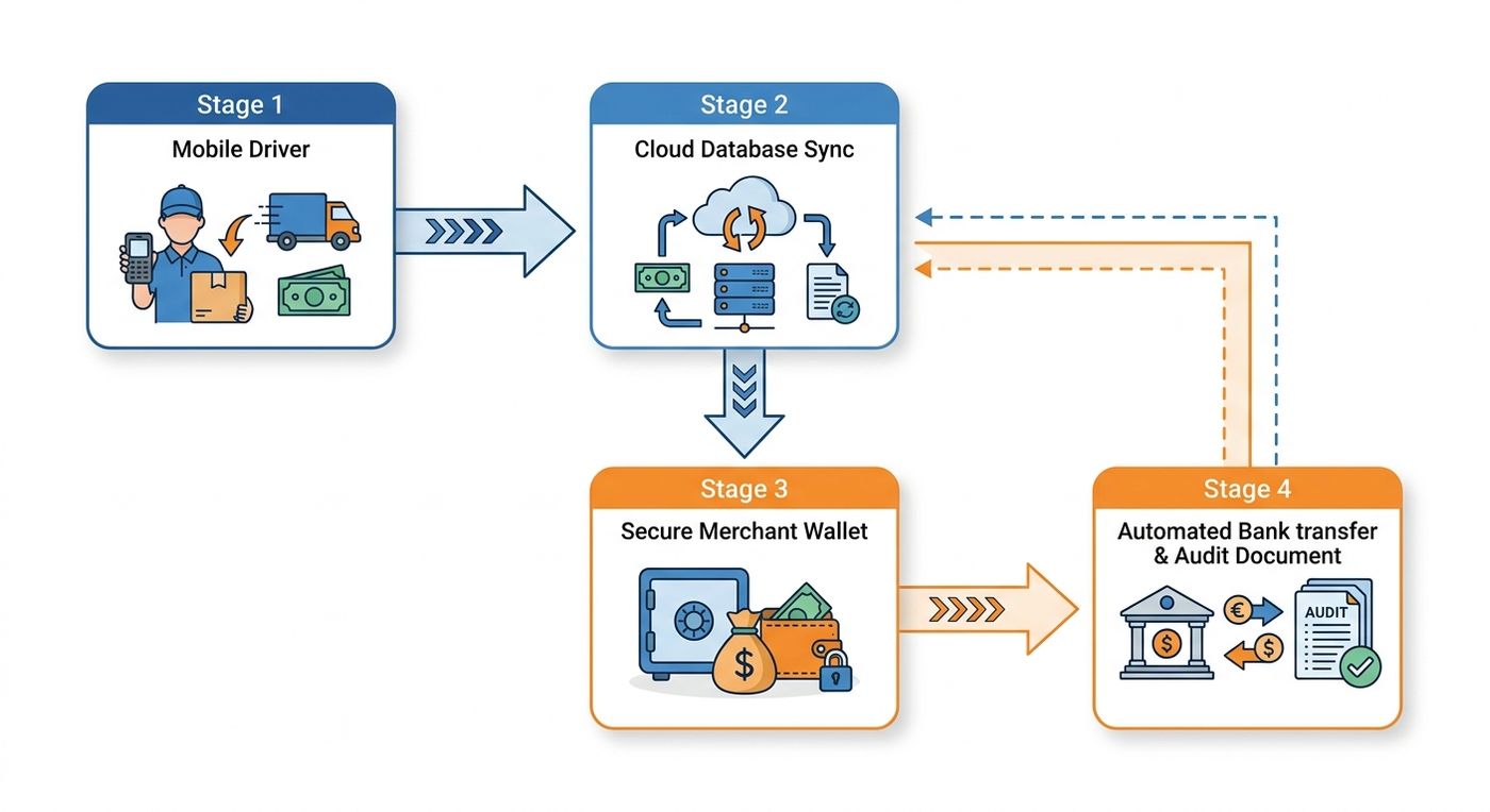 A technical flowchart diagram illustrating the automated COD reconciliation and merchant payout workflow in a logistics ERP.