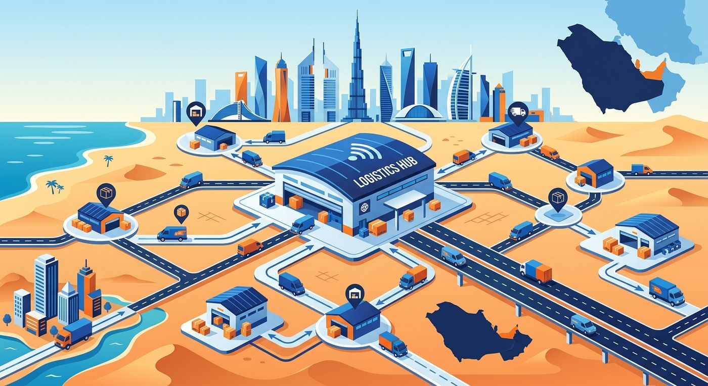 A flat vector illustration showing multi-branch shipping operations and regional expansion across the UAE, using a blue and orange color scheme.