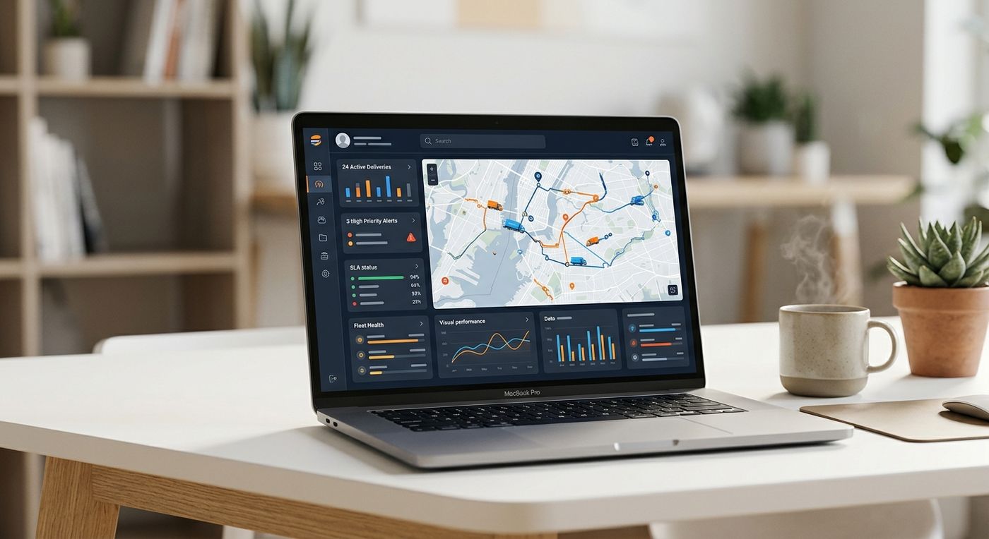 لوحة تحكم برمجية حديثة لإدارة الخدمات اللوجستية على شاشة كمبيوتر محمول، تعرض تتبع الشحنات في الوقت الفعلي ومؤشرات أداء اتفاقية مستوى الخدمة بواجهة احترافية باللونين الأزرق والبرتقالي.