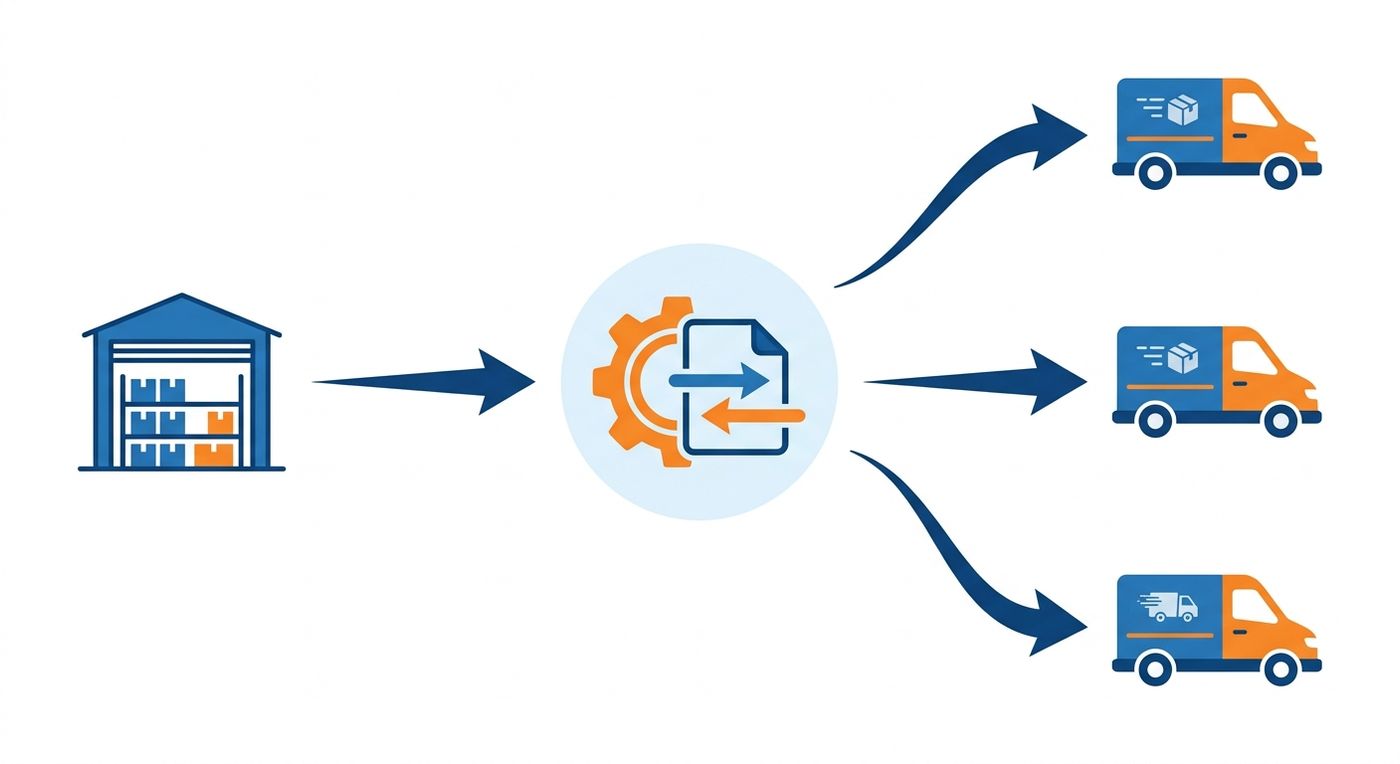 Technical flowchart diagram illustrating the automated transition from warehouse inventory to route optimization and last-mile courier dispatch.