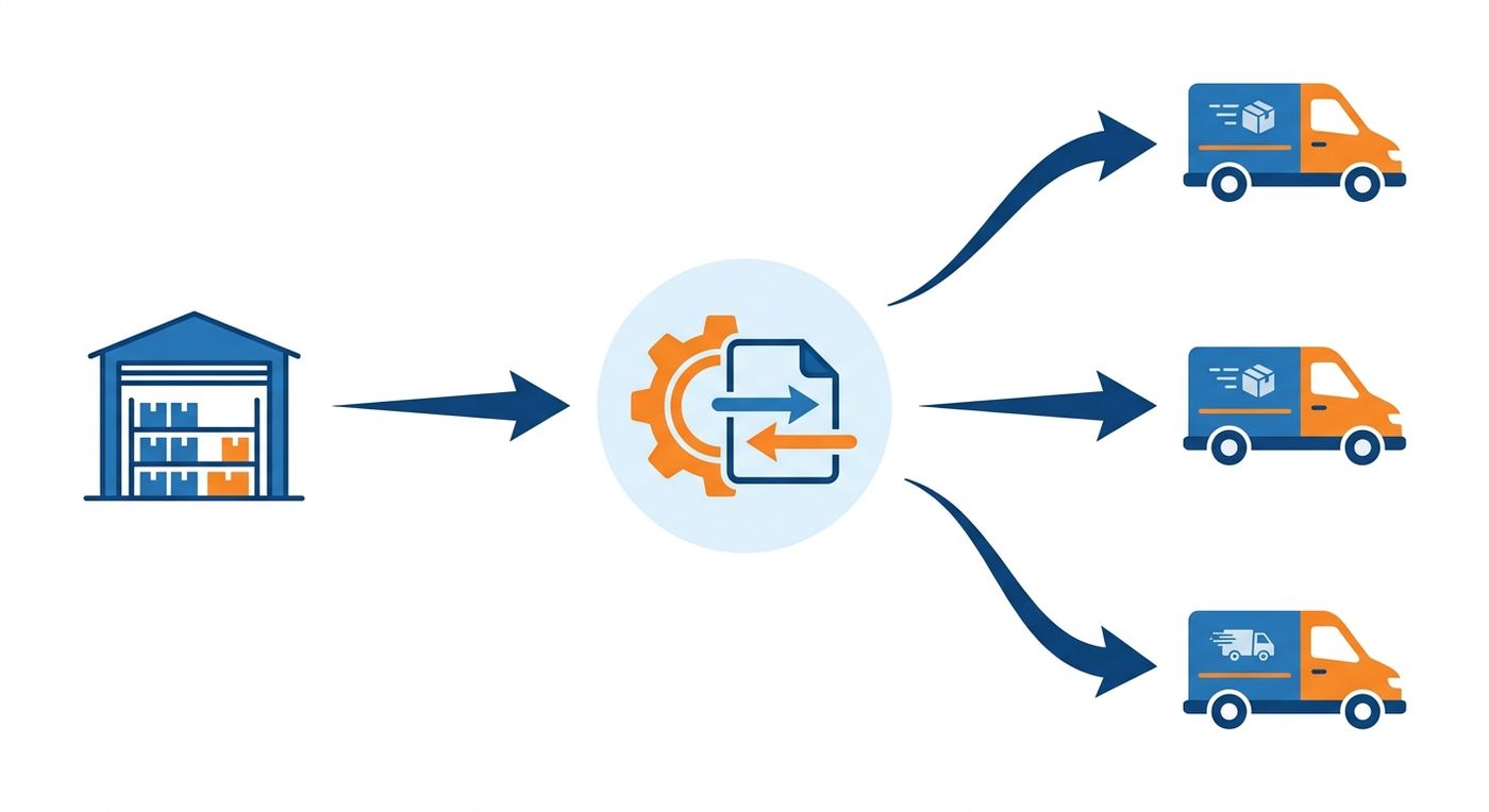 Technical flowchart diagram illustrating the automated transition from warehouse inventory to route optimization and last-mile courier dispatch.