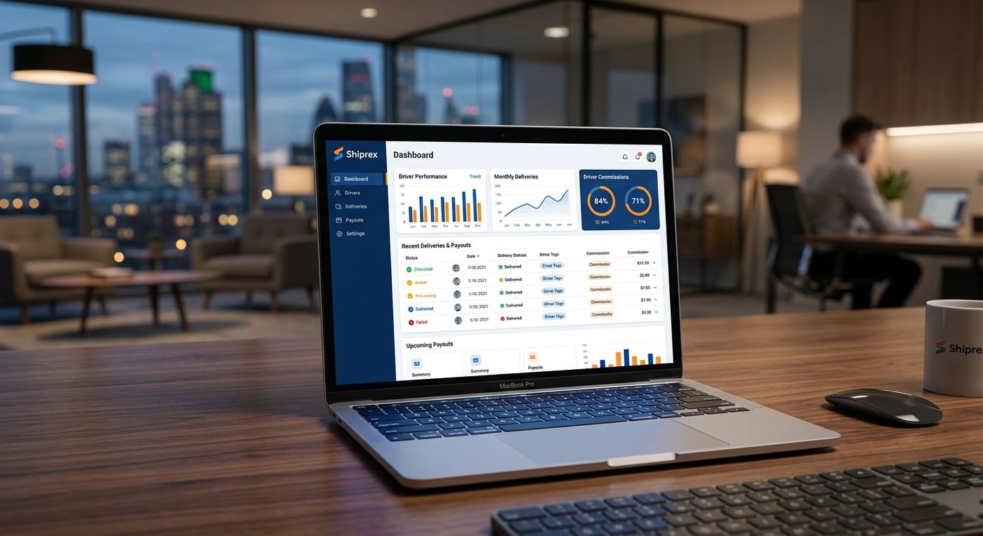 Laptop displaying the Shiprex driver management and automated payout dashboard.