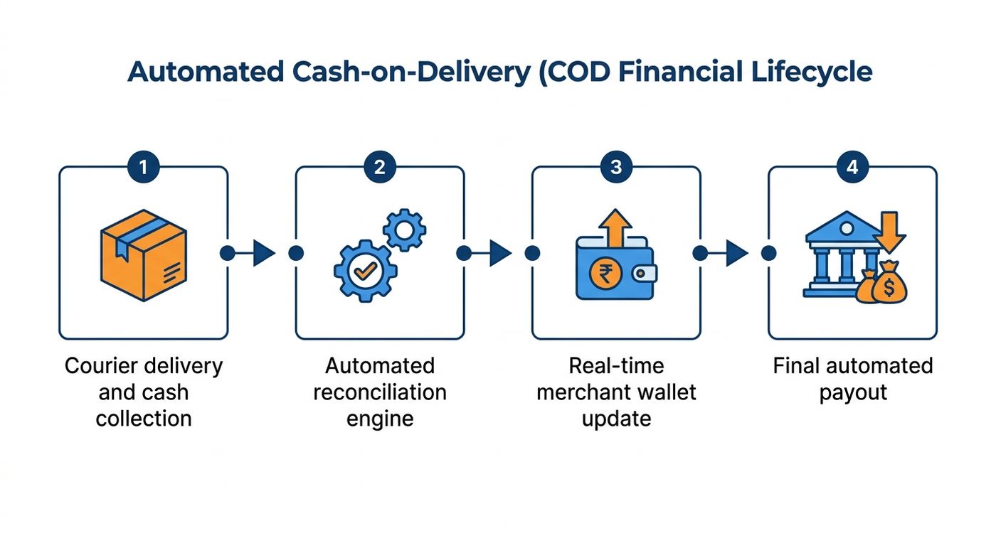 A technical flowchart diagram showing the automated Cash on Delivery (COD) reconciliation and payout process in logistics.
