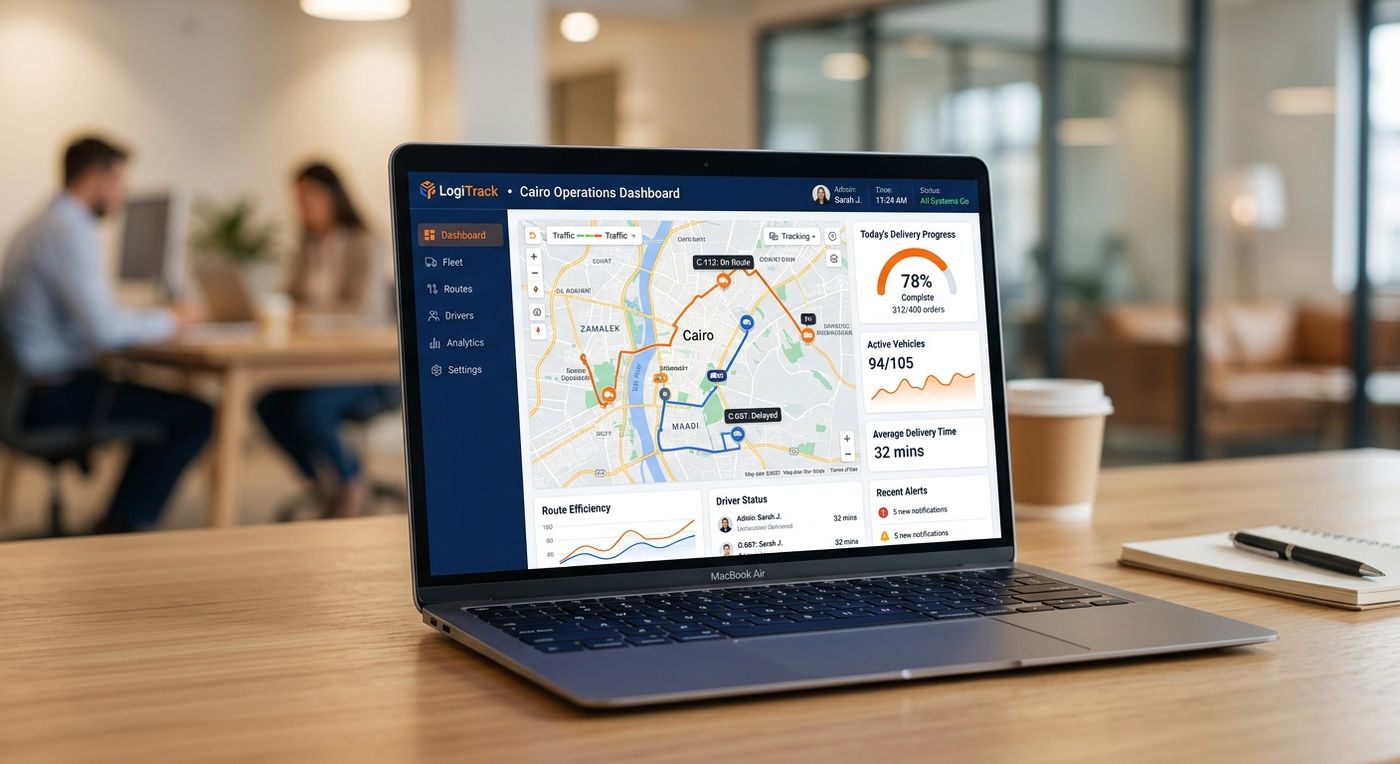 Shiprex real-time logistics dashboard showing delivery route planning and driver tracking on a laptop screen.