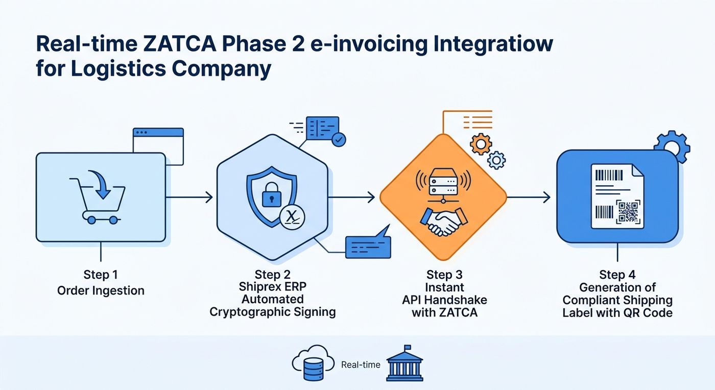 Technical flowchart diagram showing the real-time ZATCA e-invoicing logistics solution workflow in Shiprex, from order ingestion to instant ZATCA Phase 2 integration for logistics.