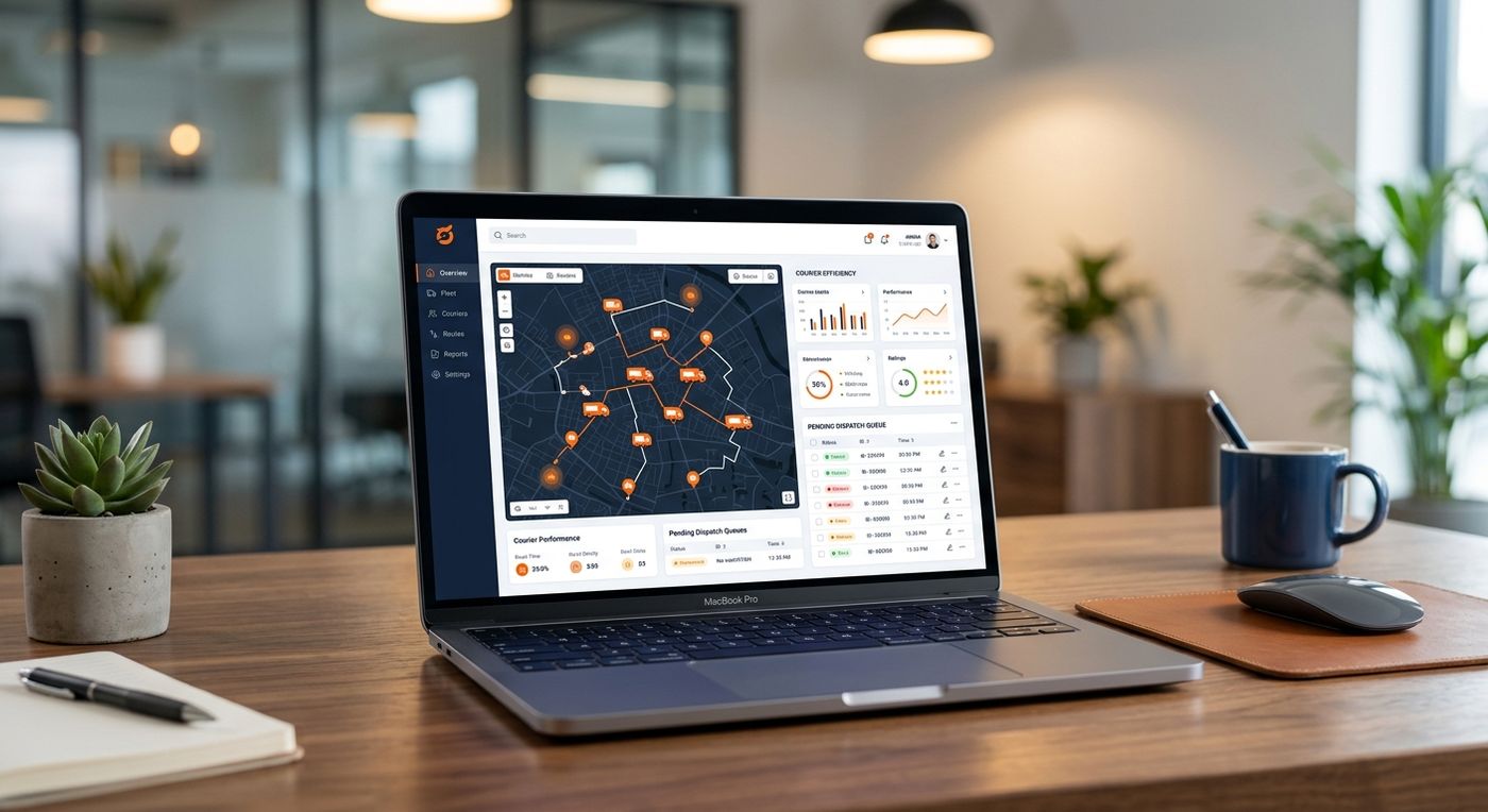 واجهة مستخدم حديثة لنظام إدارة شركات الشحن للمبتدئين من شيبركس تعرض لوحة تحكم لتتبع الشحنات وإدارة عمليات الميل الأخير على جهاز لابتوب