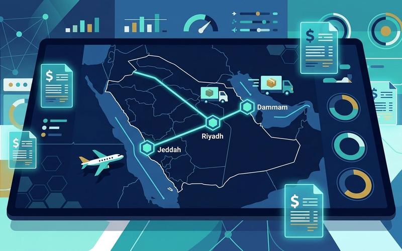 رسم توضيحي لشبكة الخدمات اللوجستية في السعودية التي تربط بين الرياض وجدة والدمام عبر نظام رقمي لإدارة الشحن
