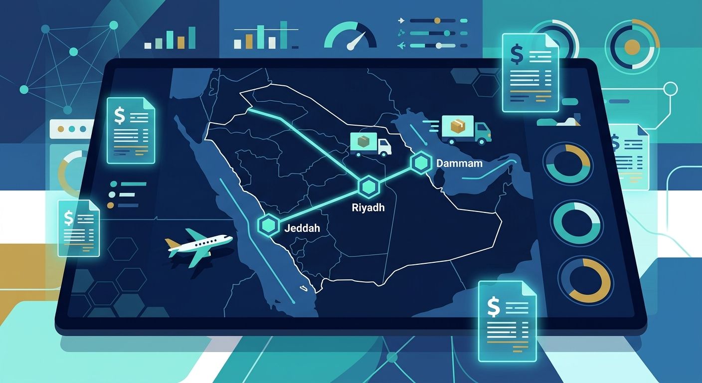 Illustration of Saudi Arabia logistics network connecting Riyadh, Jeddah, and Dammam hubs with digital ERP interface
