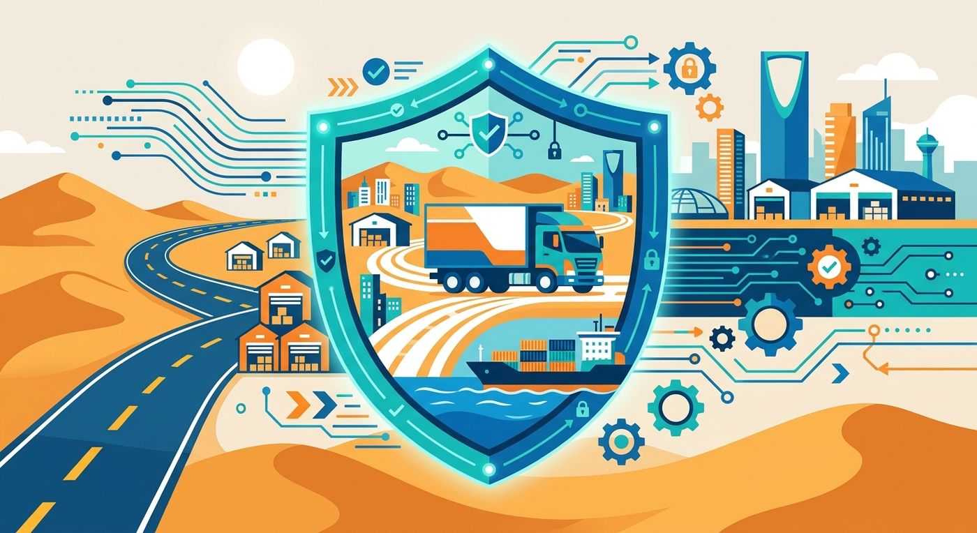 رسوم توضيحية مسطحة تمثل أمن العمليات اللوجستية السعودية، النقل البري والبحري، والامتثال التنظيمي.