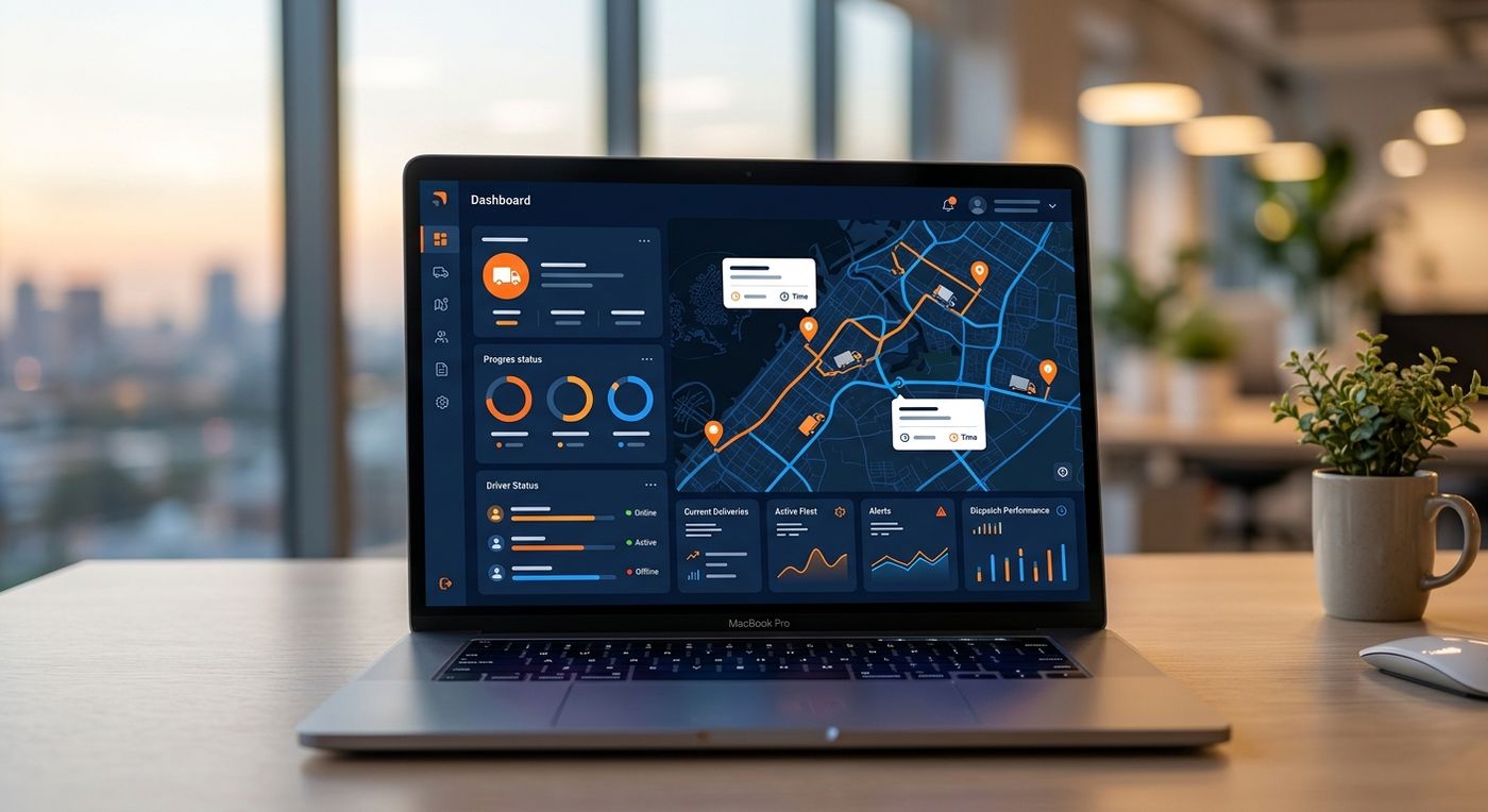 Shiprex fleet tracking and routing ERP dashboard displayed on a laptop, showing automated route optimization and driver dispatch tracking.
