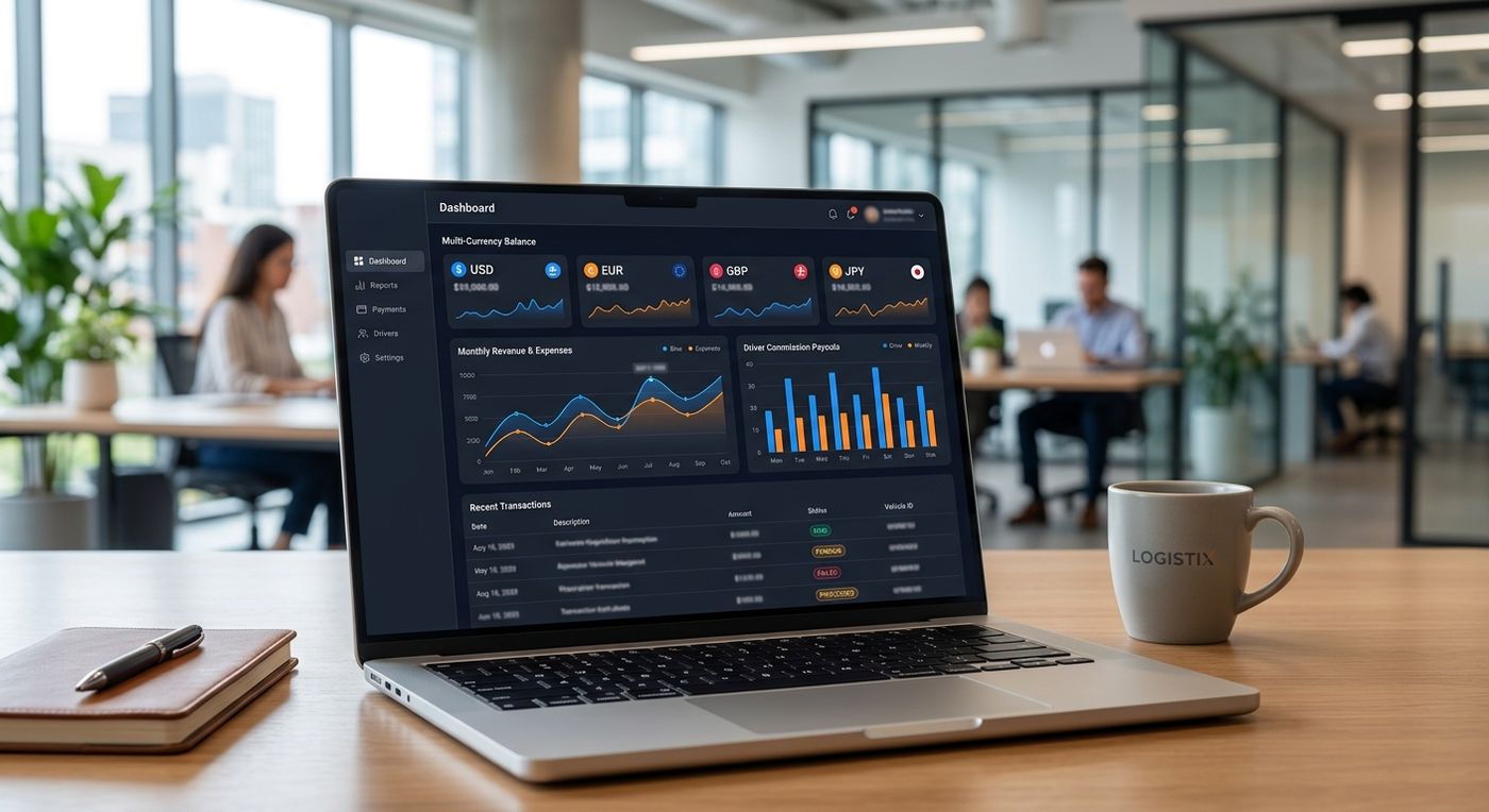 A modern SaaS dashboard mockup showing multi-currency COD reconciliation and driver payout analytics on a laptop.